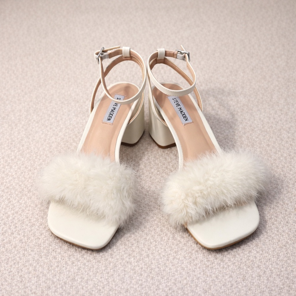 Steve Madden Cream Fur-Trim Block Heel Sandals